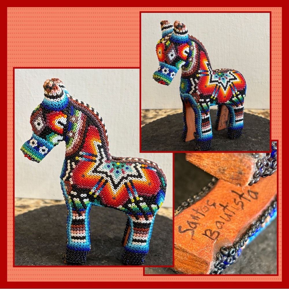 Signed Huichol Beaded Horse Figurine – Santos Bautista – Folk Art Mexico